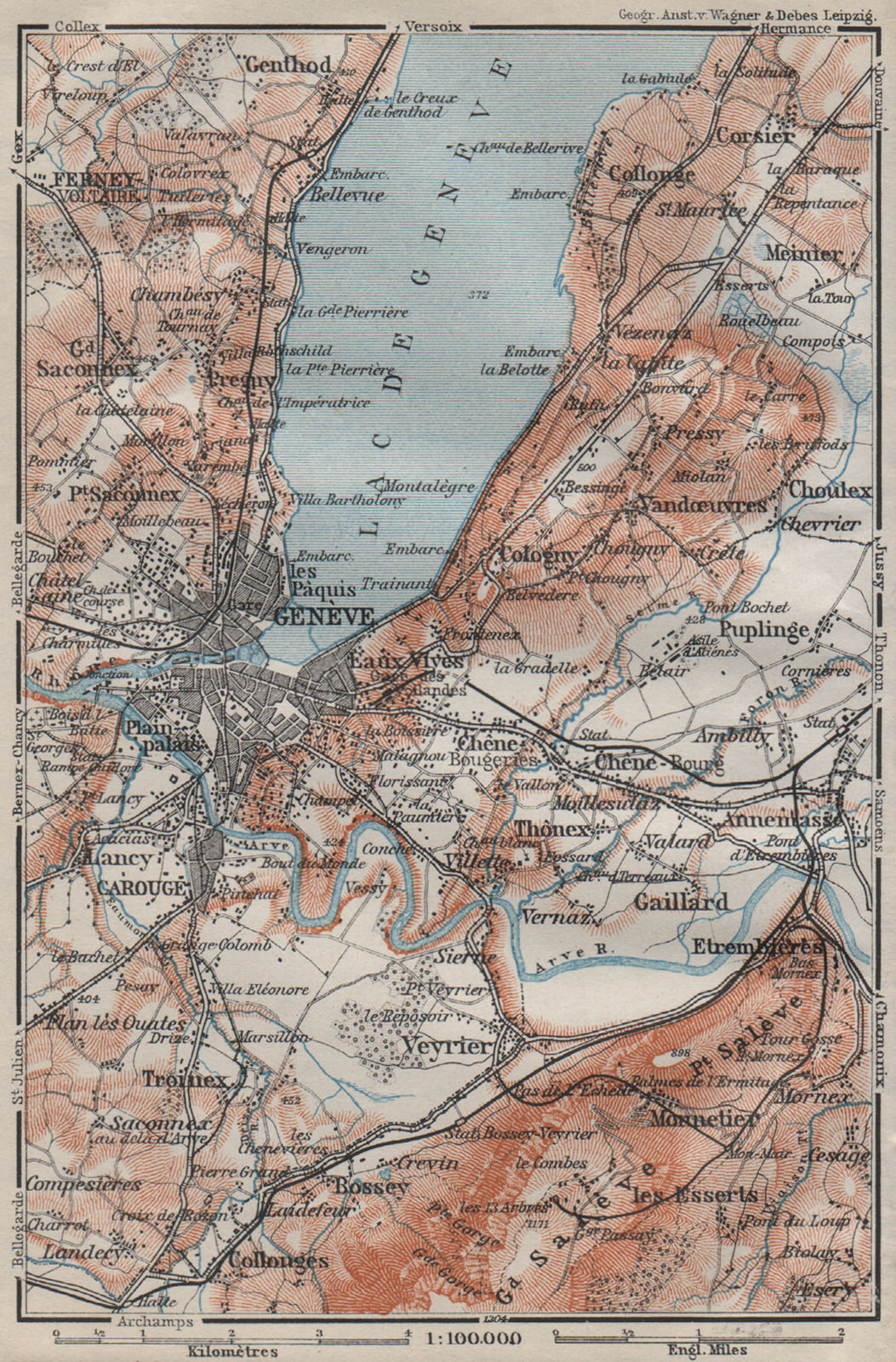 GENEVA GENÈVE GENF ENVIRONS. Switzerland Suisse Schweiz carte karte 1911 map
